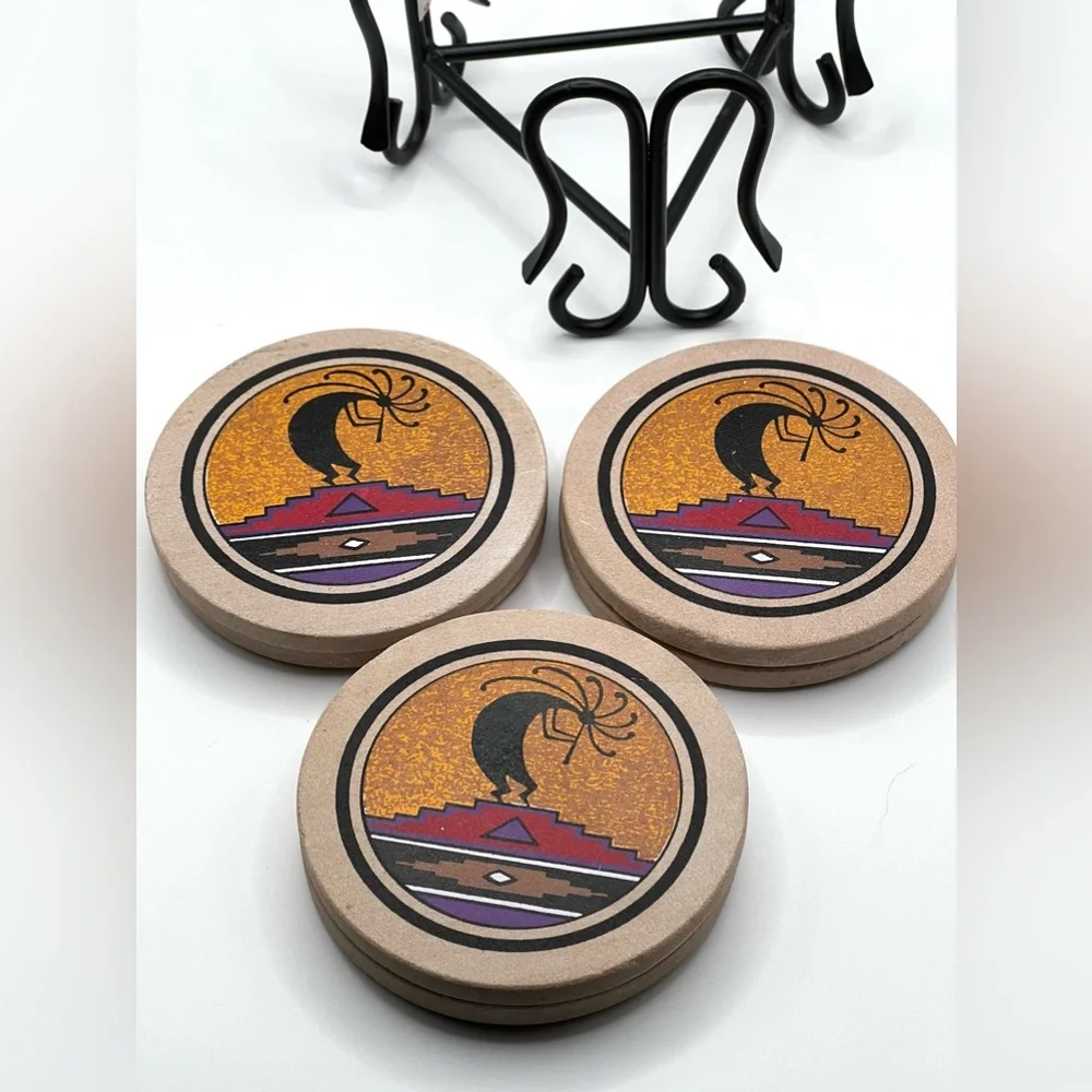 Set of 6 Coasters in Metal Holder Kokopelli Design 3.8 in